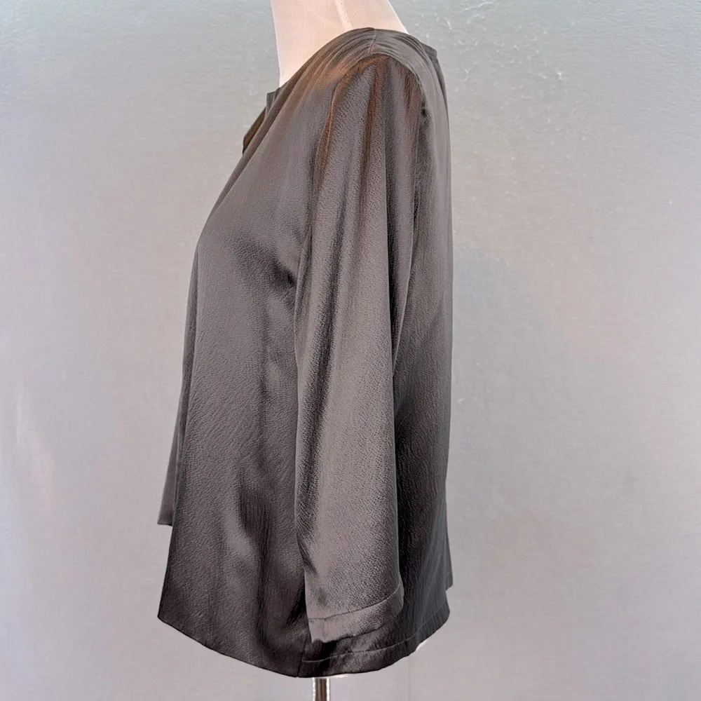 Eileen Fisher - women’s 100% silk dark Brown Open front Jacket 3/4 sleeves top M